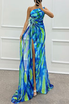 Chiffon Floral Print Slit Dress Casual Party Long Dress