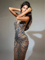 High Neck Rhinestone Dress In Grey