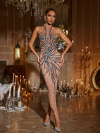 High Neck Rhinestone Dress In Grey