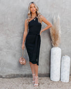 Cyndy One Shoulder Ribbed Tie Midi Dress Black