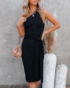 Cyndy One Shoulder Ribbed Tie Midi Dress Black