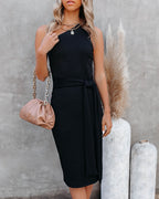 Cyndy One Shoulder Ribbed Tie Midi Dress Black