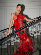 Embellished Mesh Feather Maxi Dress In Red