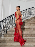 Embellished Mesh Feather Maxi Dress In Red