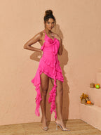 Claire Plunge Mesh Mini Dress In Hot Pink