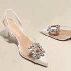 Classic Square Rhinestone Summer Sexy Pointed Slingback Simple Elegant Low Heel Pumps