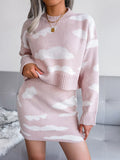 Clouds Pattern Drop Shoulder Sweater & Skirt
