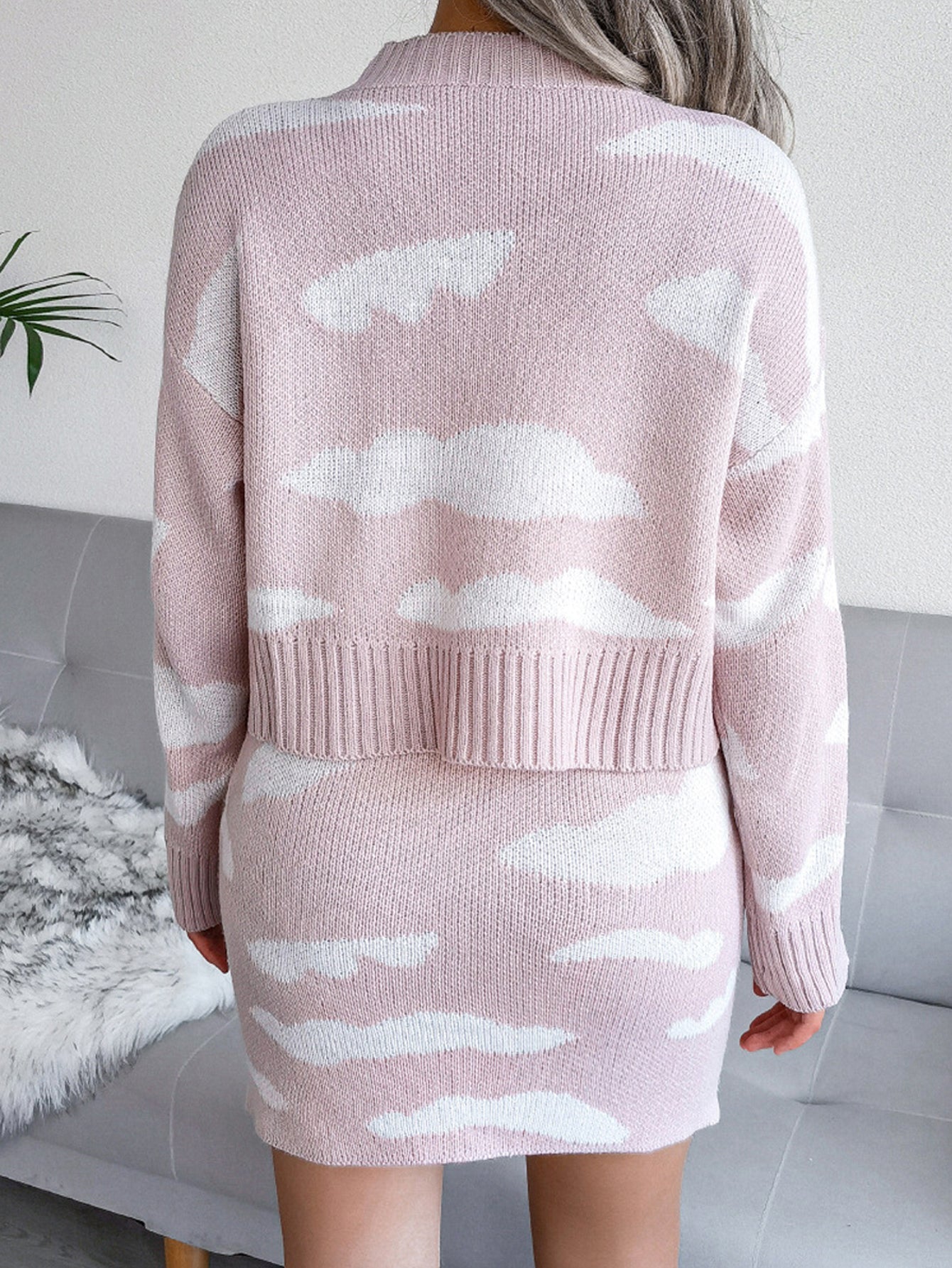 Clouds Pattern Drop Shoulder Sweater & Skirt
