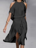 Cold Shoulder Round Neck Front Slit Midi Dress