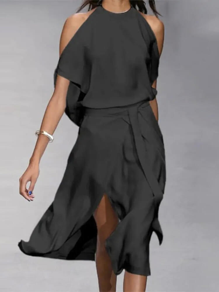 Cold Shoulder Round Neck Front Slit Midi Dress
