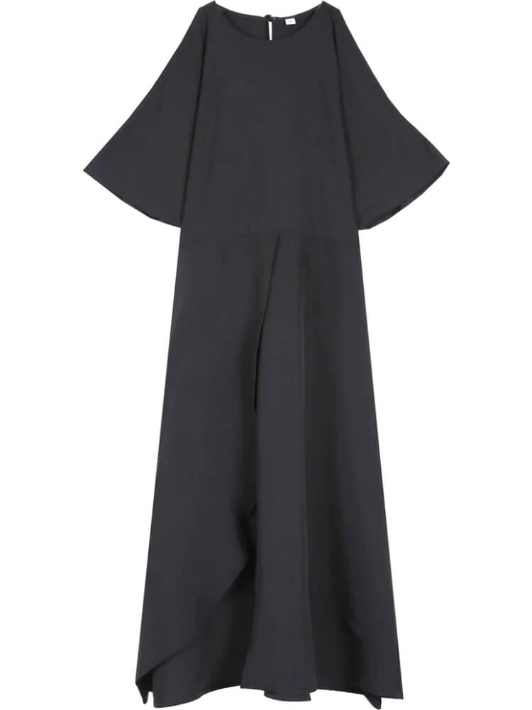 Cold Shoulder Round Neck Front Slit Midi Dress