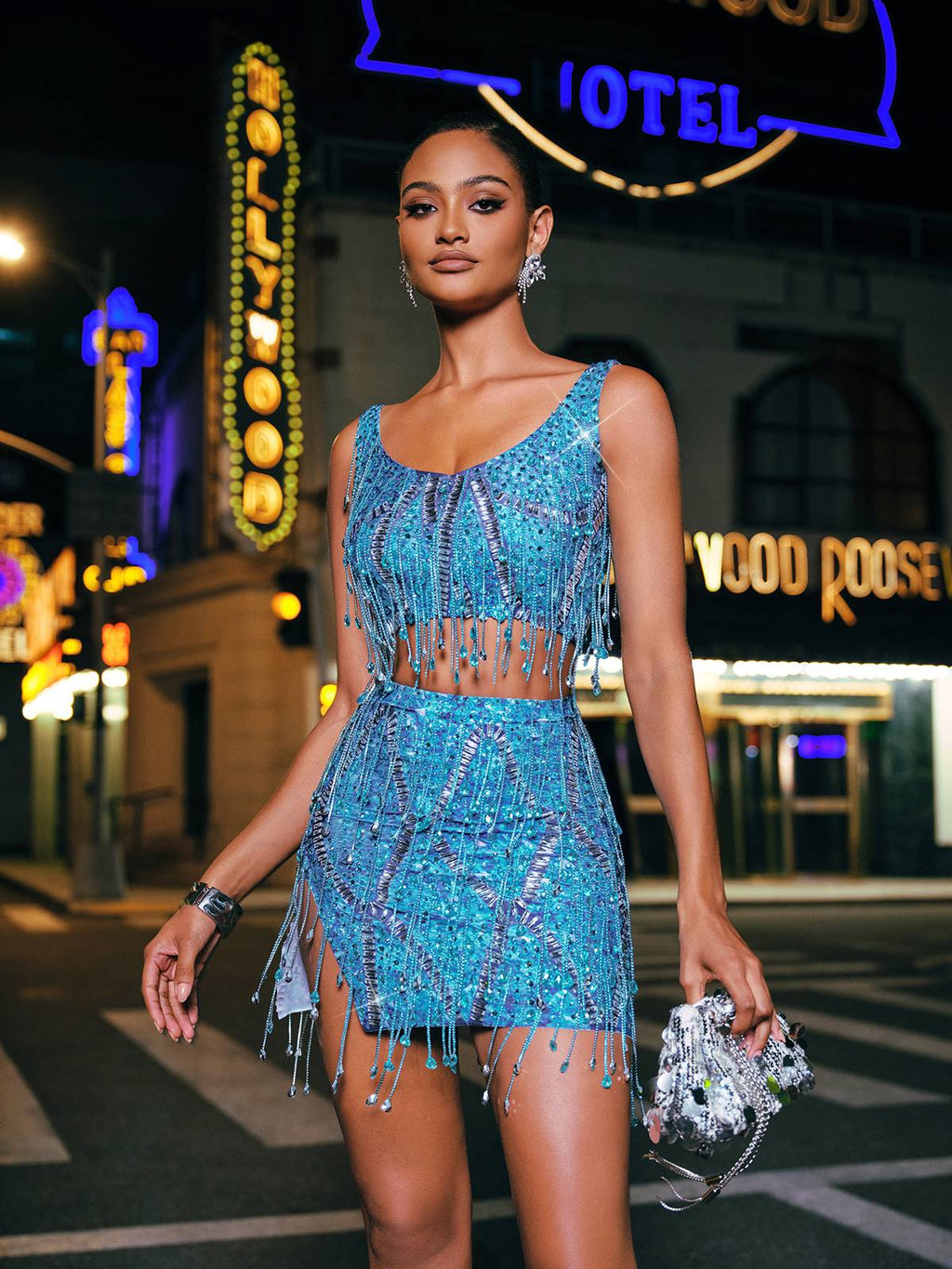 Crystal Chain Fringe Split Skirt Set In Blue