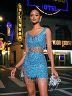 Crystal Chain Fringe Split Skirt Set In Blue