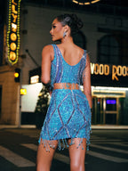 Crystal Chain Fringe Split Skirt Set In Blue