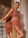 Crystal Chain Fringe Split Skirt Set In Orange
