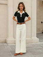 Collared Button Detail Ribbed Knit Top