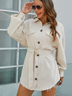Cord Front Pockets Self Waist Tie Shirt Dress