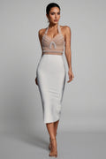 Nerida Pearl Halter Bandage Midi Dress - Beige