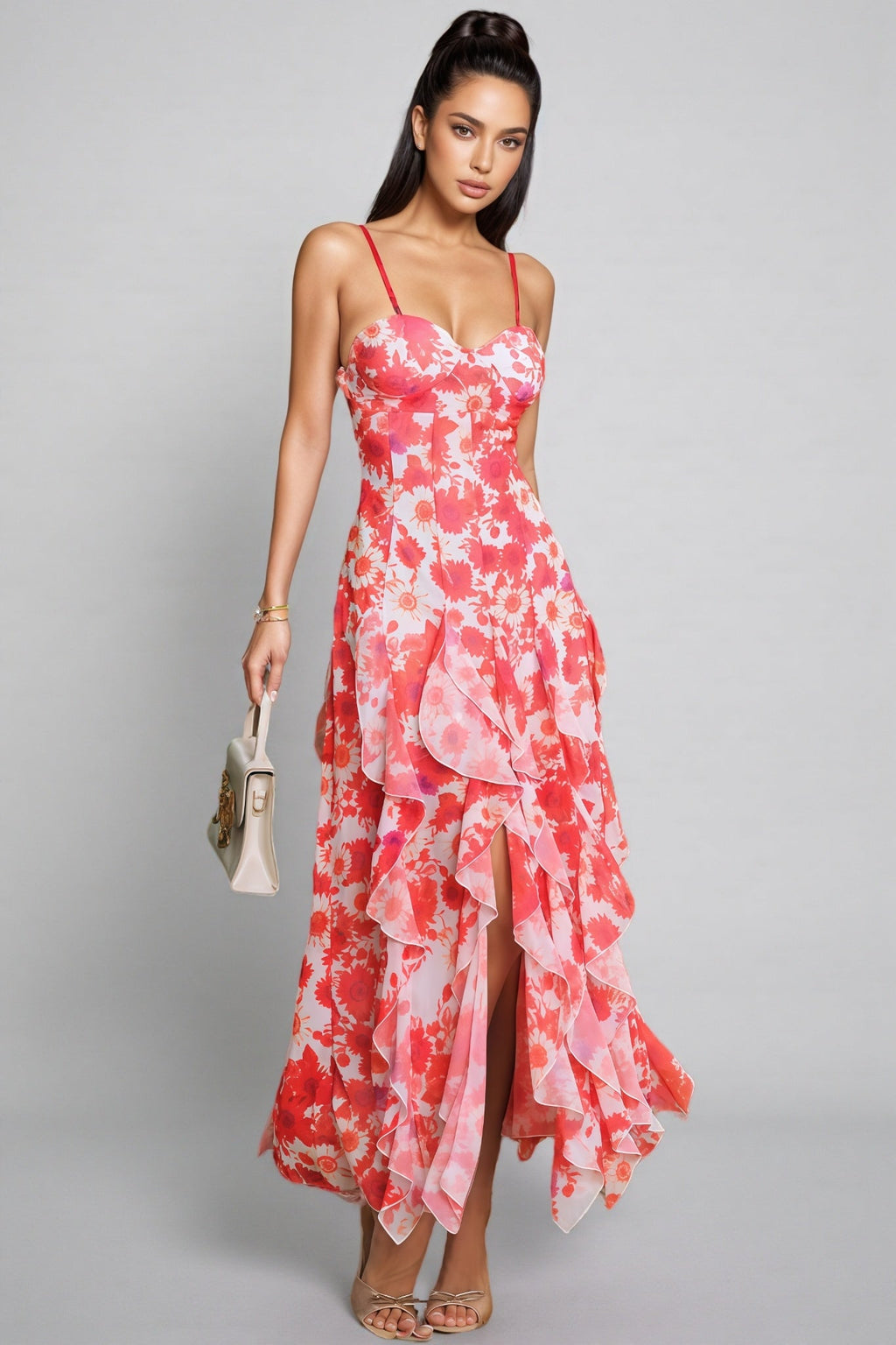Caldrek Spaghetti Floral Ruffle Maxi Dress