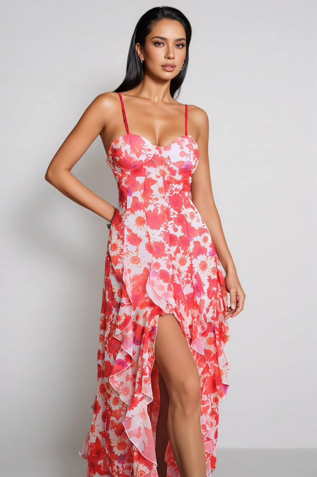 Caldrek Spaghetti Floral Ruffle Maxi Dress