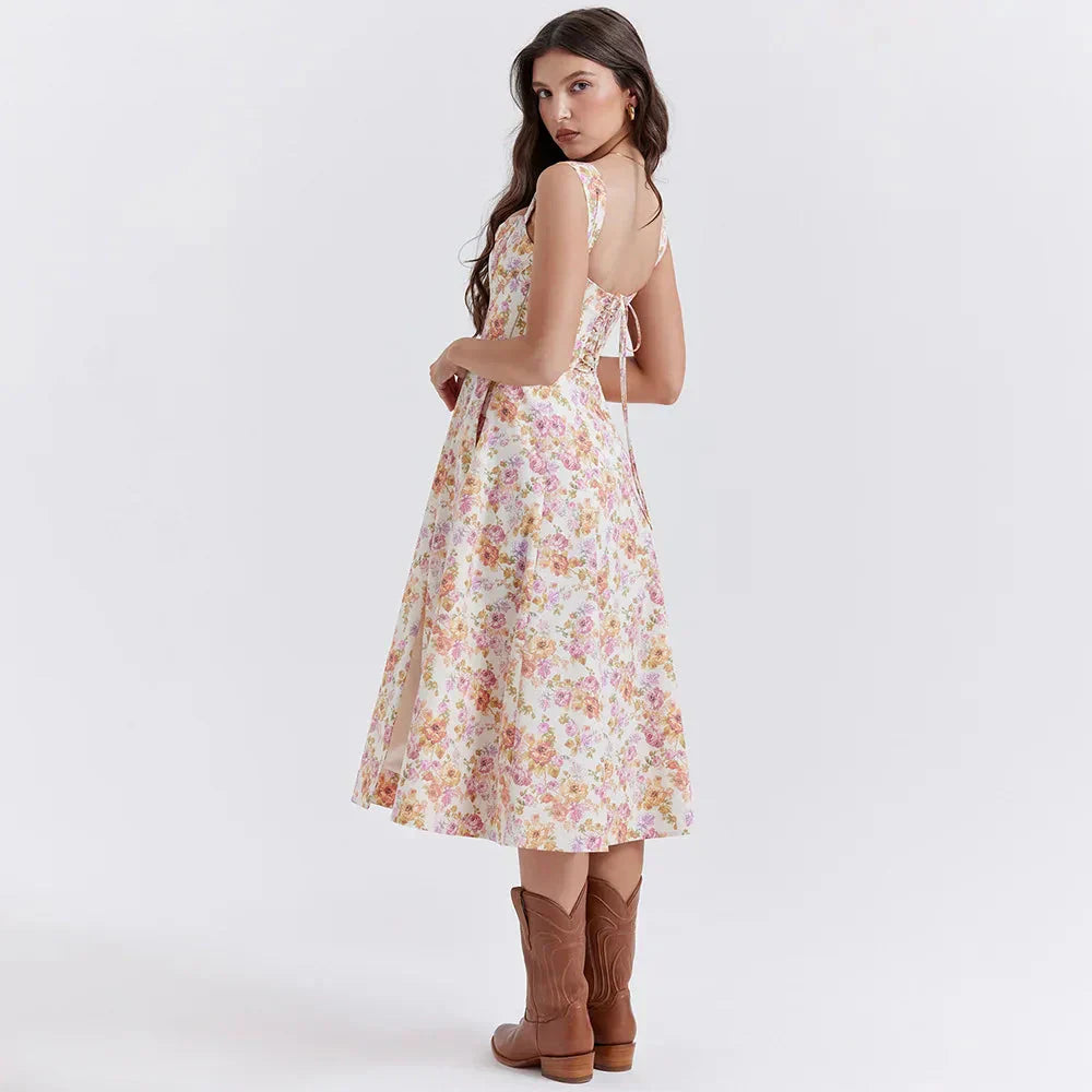 Cottagecore Floral Corset Midi Dress