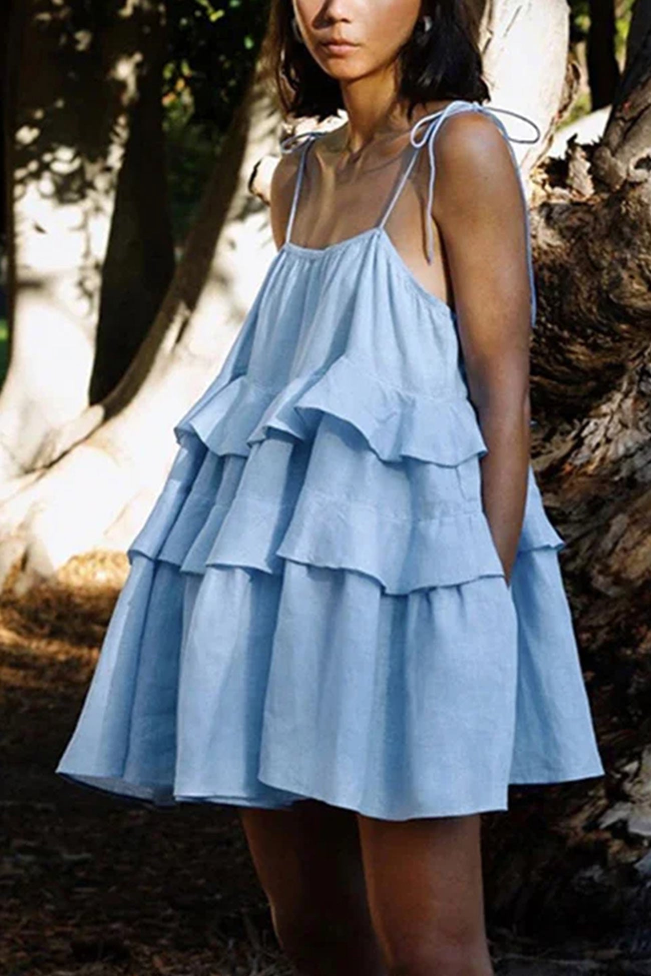 Cotton Tie straps Tiered Cami Babydoll Dress