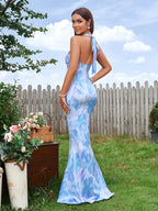 Cowl Neck Halter Floral Print Mermaid Bodycon Dress