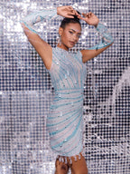 Crew Long Sleeve Embellished Mini Dress In Light Nude & Teal