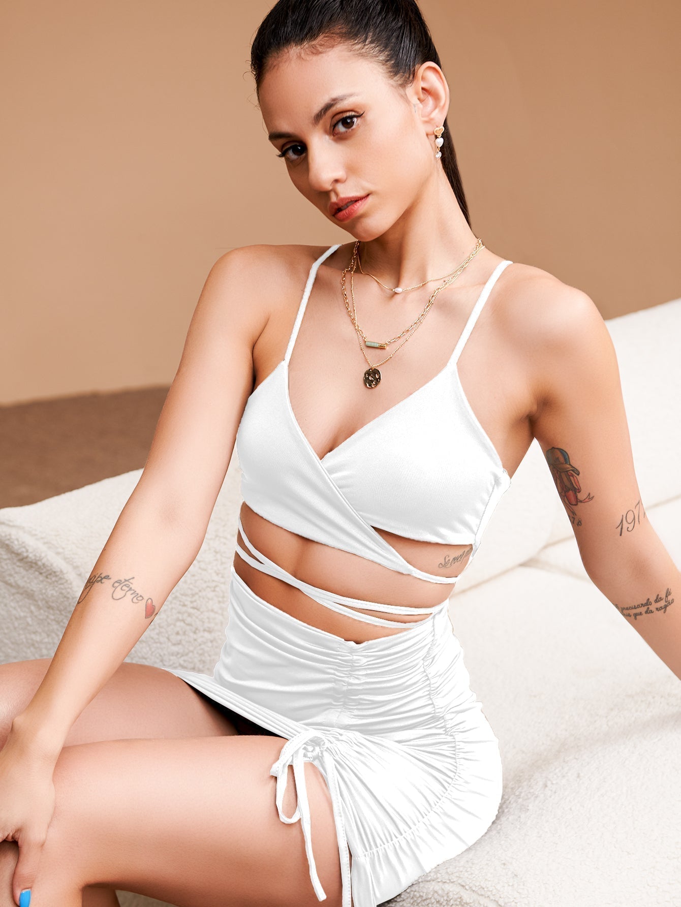Criss Cross Cut Out Drawstring Side Ruched Cami Bodycon Dress