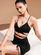 Criss Cross Cut Out Drawstring Side Ruched Cami Bodycon Dress