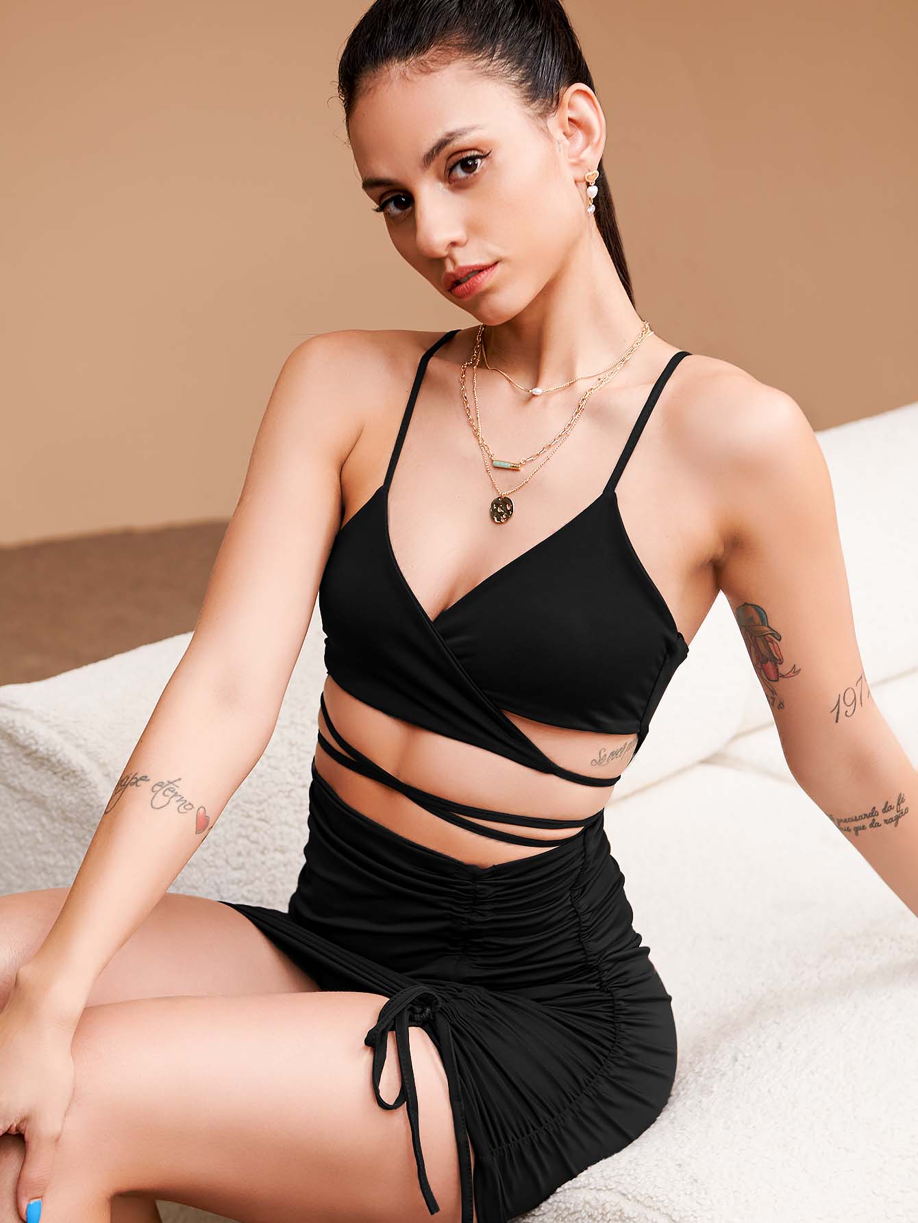 Criss Cross Cut Out Drawstring Side Ruched Cami Bodycon Dress
