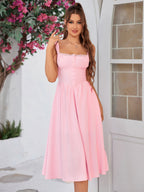 Crisscross Tie Back Button Pocket Solid Dress
