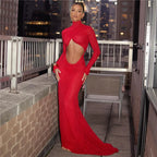 Elegant Cut Out Maxi Dress Party Club Long Sleeve Ruched Party Dress