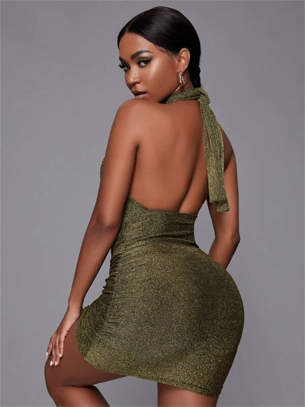Cut Out Drawstring Side Backless Knot Glitter Bodycon Dress