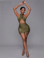 Cut Out Drawstring Side Backless Knot Glitter Bodycon Dress