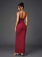 Cut Out Flounce Trim Ruched Glitter Mesh Dress