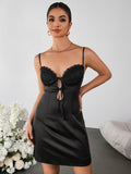 Cut Out Lace Bust Patchwork Satin Cami Dress