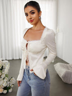 Cut Out Lace Trim Tie Front Top