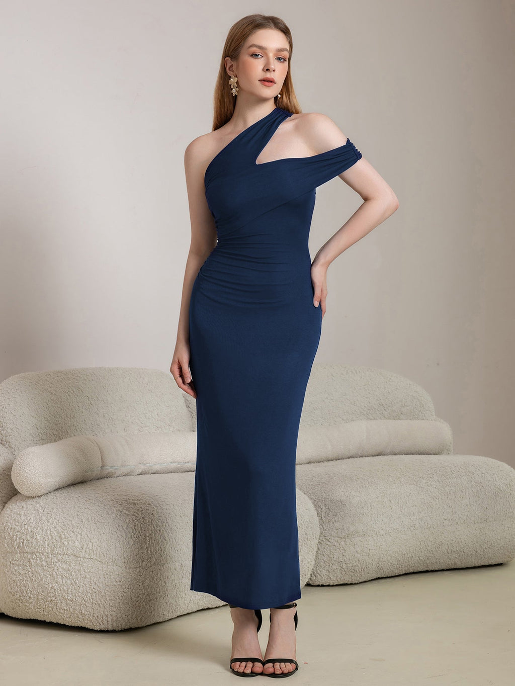 Cut Out One Shoulder Ruched Bodycon Long Dress