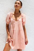 Cute Tie Neck Puff Sleeve Crinkled Cotton Blend Babydoll Mini Dress - Peach Pink