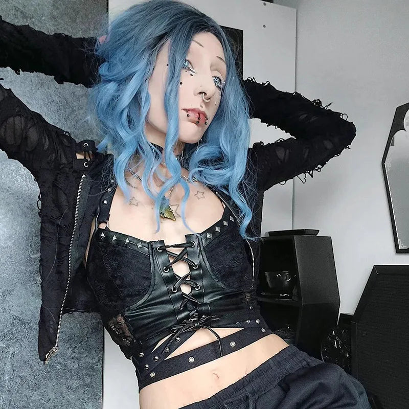 Cyber Gothic PU Leather Laceup Y2K Emo Grunge Crop Top