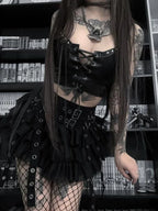 Cyber Gothic PU Leather Laceup Y2K Emo Grunge Crop Top
