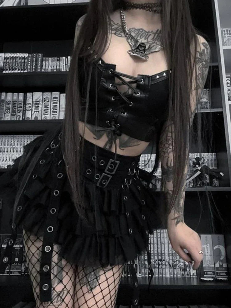 Cyber Gothic PU Leather Laceup Y2K Emo Grunge Crop Top