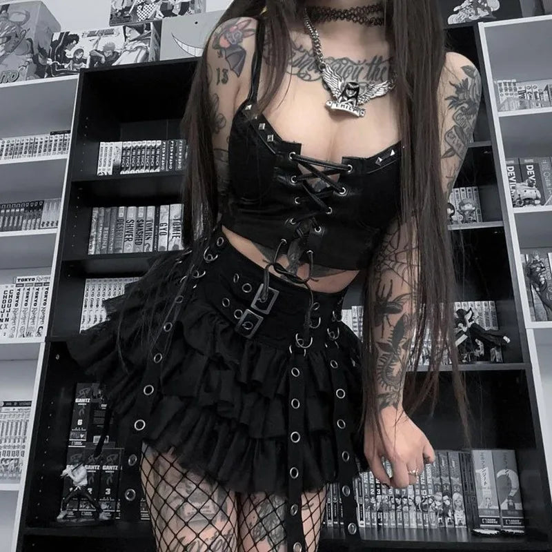 Cyber Gothic PU Leather Laceup Y2K Emo Grunge Crop Top
