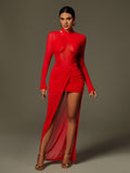 Draped Split Mesh Maxi Dress In Red