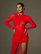 Draped Split Mesh Maxi Dress In Red