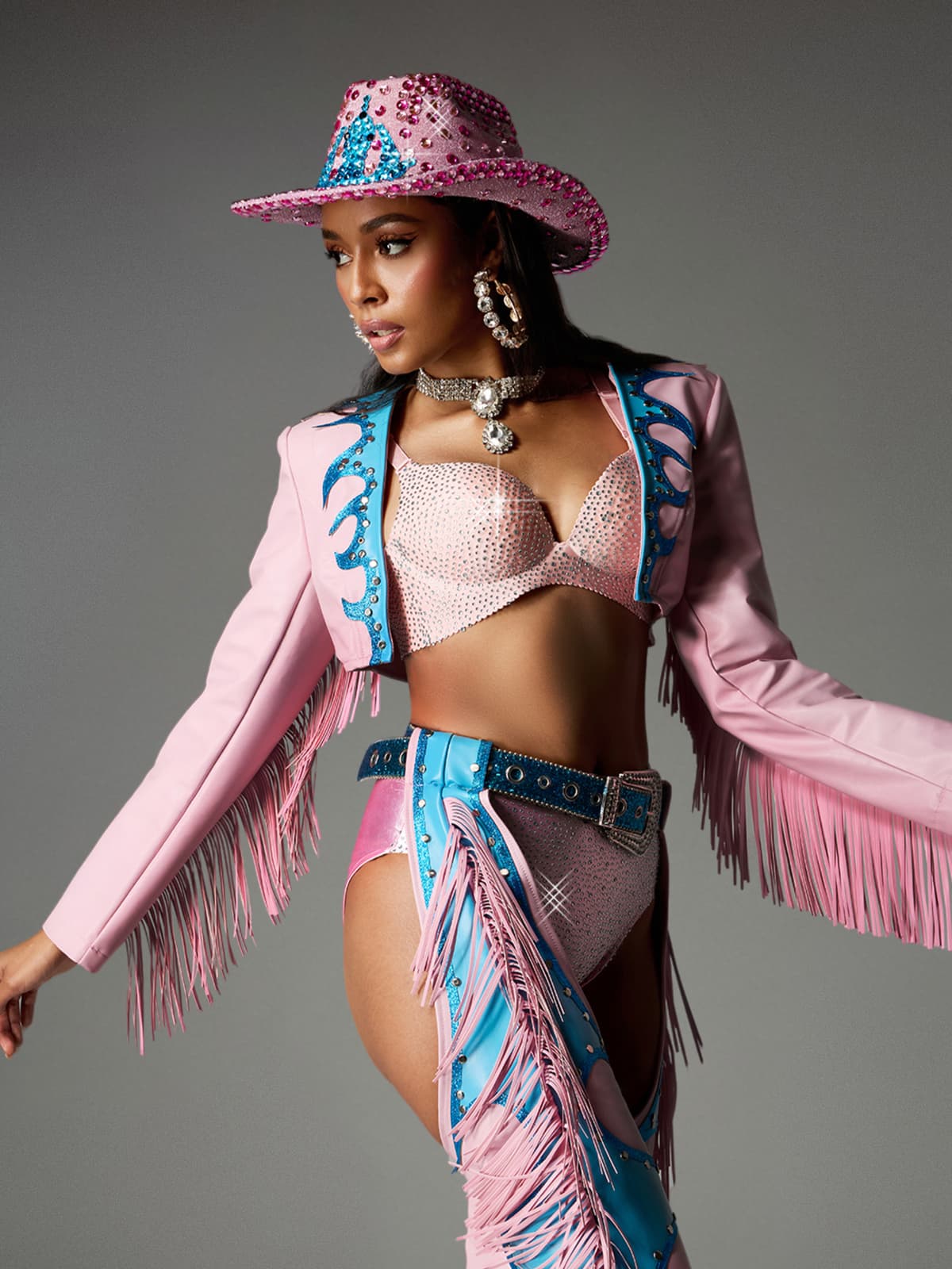 Fringe Cowgirl Outfit In Pink