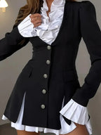 Altair Contrast Ruffled Shirt Patchwork Button Pleated Blazer Mini Dress