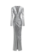 Deep V Long Sleeve Shirr Maxi Dress