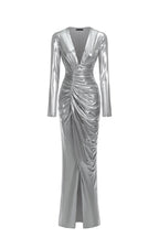 Deep V Long Sleeve Shirr Maxi Dress